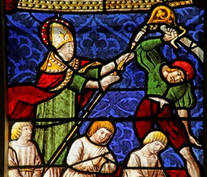Ventana que representa a San Nicolás en la ejecución de tres hombres
