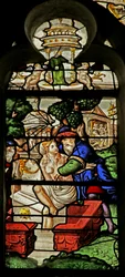 Ventana que representa a Susana siendo acosada mientras se baña (vidriera)