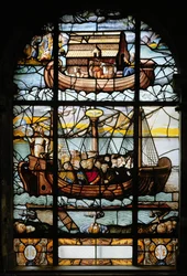 Ventana que representa un barco con santos y el Arca de Noé, 1612-22