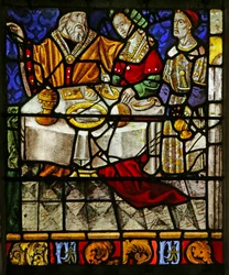 Ventana que representa escena de comida (vidriera)