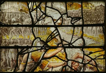 Ventana que representa la historia del hallazgo de la Cruz: la batalla de Constantino contra Majencio (vidriera)