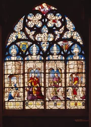 Vidriera que representa a la Virgen y el Niño con San Juan Bautista, San Pedro presentando a Pierre Tullier y su esposa, San Juan presentando a Jehan, François y Pierre Tullier y San Jaime presentando a cuatro