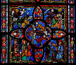 Segunda sección de la ventana w7: en el centro está la crucifixión de San Pedro; en otros lugares está San Pedro ante Nerón; San Pedro encarcelado; el diablo toma un alma