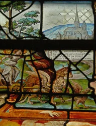 Ventana en el Charnier (w.11) que representa un Detalle de la Prensa Mística de Vino