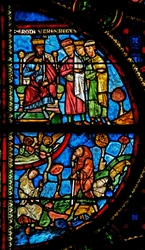 Ventana w0 que representa la Anunciación a los Pastores; los Magos con Herodes