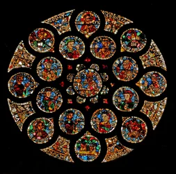 El Nuevo Pacto: en la parte superior está Cristo (Alfa y Omega), luego los cuatro símbolos de los Evangelistas formando un cuadrado, dos Virtudes están en los extremos izquierdo y derecho