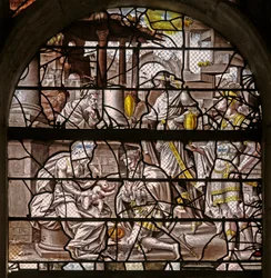 Ventana w10 que representa la Adoración de los Magos: diseños de Durero y adaptaciones de los diseños del Maestro de Des para la Historia de Psique