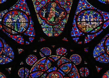 Ventana w115 que representa a Dios el Creador: escenas de Adán y Eva