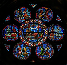 Ventana w121 que representa a Salomón rodeado de caballeros