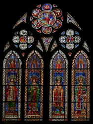 Ventana w13 que representa a los emperadores del Sacro Imperio Romano: Otto I, II, III, Conrad y un hijo