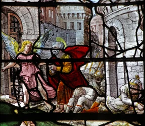Ventana w13 que representa a San Pedro siendo sacado de la prisión por un ángel