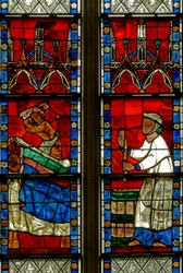 Ventana w15 que representa una escena de una leyenda de San Nicolás: el milagro de los 3 niños: un carnicero mata a tres niños