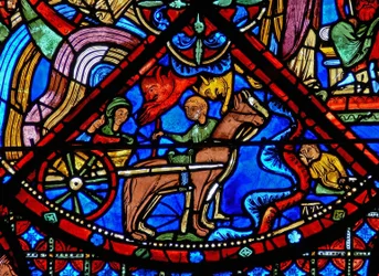 Ventana w15 que representa la historia de las reliquias de San Esteban: los demonios interfieren con el transporte de las reliquias