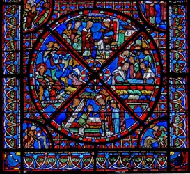 Ventana w15 que representa la historia de las reliquias de San Esteban: la sección inferior de la ventana