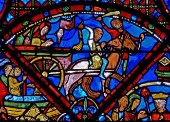 Ventana w15 que representa la historia de las reliquias de San Esteban: transportando las reliquias en caballo y carro