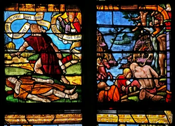 Ventana w1 que representa a Caín matando a Abel; el Arca de Noé