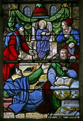 Ventana w1 que representa a Cristo con los Doctores en el Templo