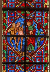 Ventana w207 que representa a Adán siendo advertido de no comer del Árbol del Conocimiento