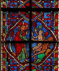 Ventana w207 que representa la creación de Adán y Eva
