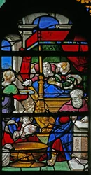 Ventana que representa una escena de la Vida de la Virgen María: su nacimiento