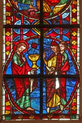 Ventana w210 que representa a Santiago con el mago Hermógenes y Fileto