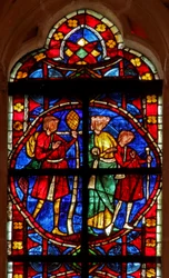 Ventana w210 que representa una escena de la leyenda de Santiago y el dependiente perdido con peregrinos a Compostela: la familia reunida parte