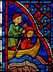 Ventana w21 que representa a Santa María Egipcíaca cruzando el río y comenzando su penitencia