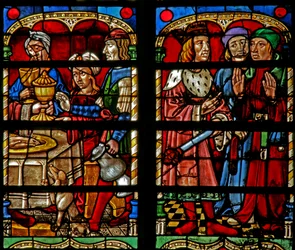 El banquete de Belsasar y pregunta a los sacerdotes el significado de la escritura en la pared