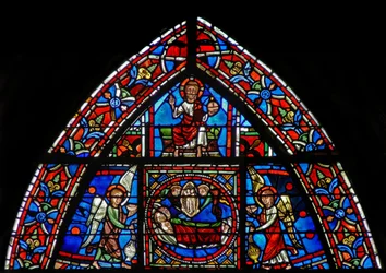 Ventana w23 que representa a San Julián Hospitalario y su esposa muriendo y yendo al cielo