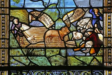 Ventana w26 que representa escenas campestres inspiradas en Virgilio debajo de Cristo en la Cruz