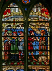Ventana que representa a San Esteban disputando con los Doctores de la Ley