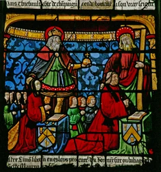 Ventana w3 que representa a los donantes - Henriette de Mauroy y Simon Liboron con sus hijos y los santos patronos San Enrique y Simón de Cirene