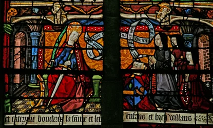 Ventana w4 que representa a una donante - Catherine Boucheret con su familia y Santa Catalina