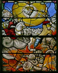 Ventana w5 que representa una escena del Libro de la Revelación de San Juan: el caballo blanco Verdadero