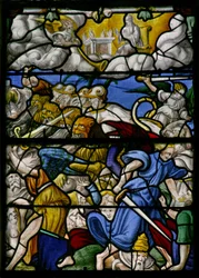 Ventana w5 que representa una escena del Libro de la Revelación de San Juan: caballos con cabezas como leones, humo y azufre de sus bocas