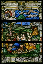 Ventana w6 que representa a Daniel en el foso de los leones