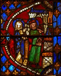 Ventana w6 que representa a Joaquín y Santa Ana regresando del Templo
