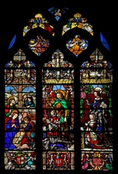 Ventana w6 que representa la Natividad con pastores; donantes Gaspard de Coligny y su esposa y santos patronos