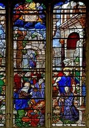 Ventana que representa la adoración de los pastores; el donante, Baurot y San Roque