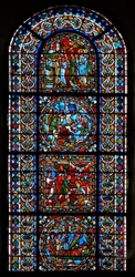 Ventana compuesta de 4 paneles, tres relacionados con San Gervasio y San Protasio