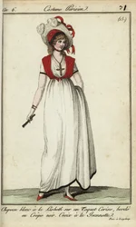 Mujer con sombrero Lisbeth a la moda de 1798 (grabado en cobre coloreado a mano)