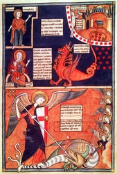 La mujer del Apocalipsis siendo atacada por el dragón de siete cabezas y San Miguel matando al dragón, del Liber Floridus de Lambert de Saint-Omer, c.1120