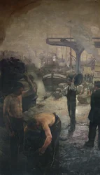 Trabajadores descargando carbón de una barcaza, principios del siglo XX
