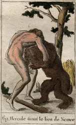 Trabajos de Hércules: Hércules matando al león de Nemea. De “Mitología de la Juventud” por Pierre Blanchard 1803.
