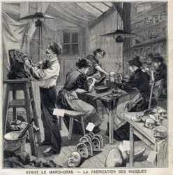 Taller de fabricación de máscaras para los disfraces del festival de Mardi Gras. En "Le Petit Parisien" el 14/02/1897