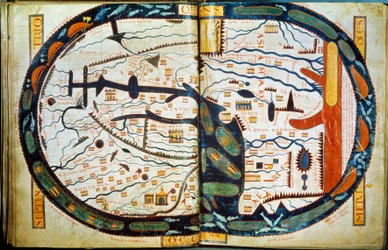 Mapamundi de San Severo. Miniatura extraída de los comentarios del "Apocalipsis según San Juan" escritos en 775 por el monje Beato de Liébana.