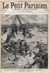 Naufragio del acorazado inglés "Victoria" tras una colisión en la costa de Siria y rescate de las víctimas. En el periódico "Le Petit Parisien" el 9/07/1893 (grabado)