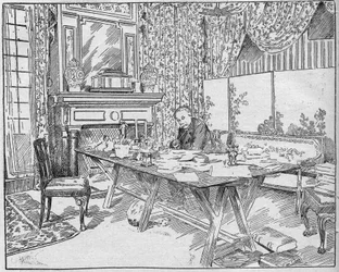 Escritor Alejandro Dumas Jr. (1824-1895) en su gabinete de trabajo. Grabado en “La gazette du dimanche” del 12 de diciembre de 1895