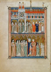 Yates Thompson 11 f.6v Misa a la que asisten funcionarios con una procesión debajo, c.1300 (vitela)