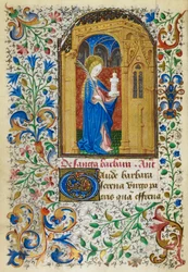 Yates Thompson 3, fol.289v Miniatura de Santa Bárbara bajo un arco dorado, portando una palmera y su torre, con un borde foliado completo, al comienzo de su sufragio, de 